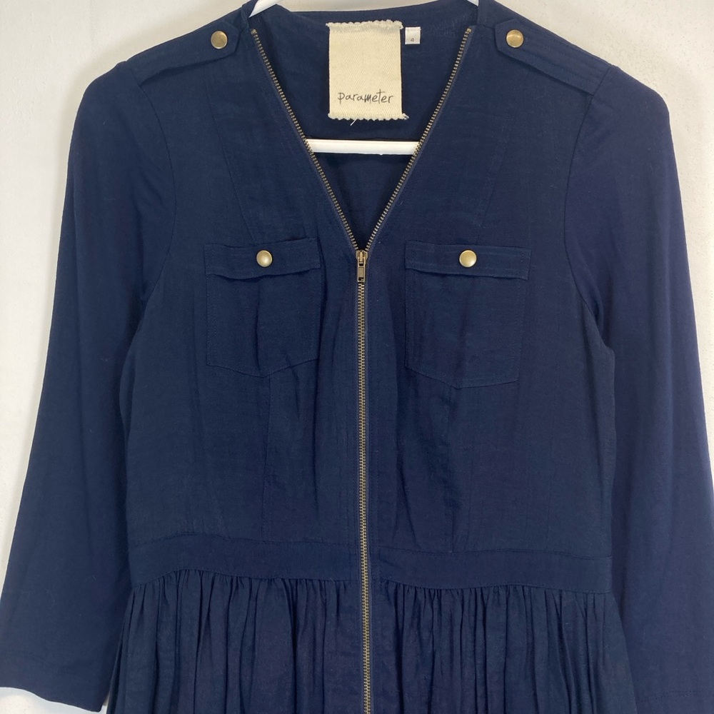 Anthropologie Parameter Dress Women Navy Blue V-Neck Zip Front Size 4 Pleated - Picture 14 of 16